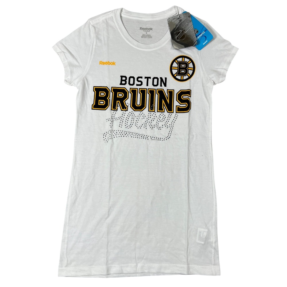 Reebok Boston Bruins NHL Womens White Rhinestone Graphic T-Shirt Small NWT